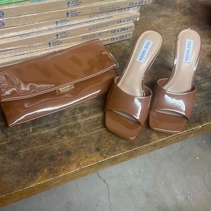 Steve Madden patent brown mule sandals and matching clutch